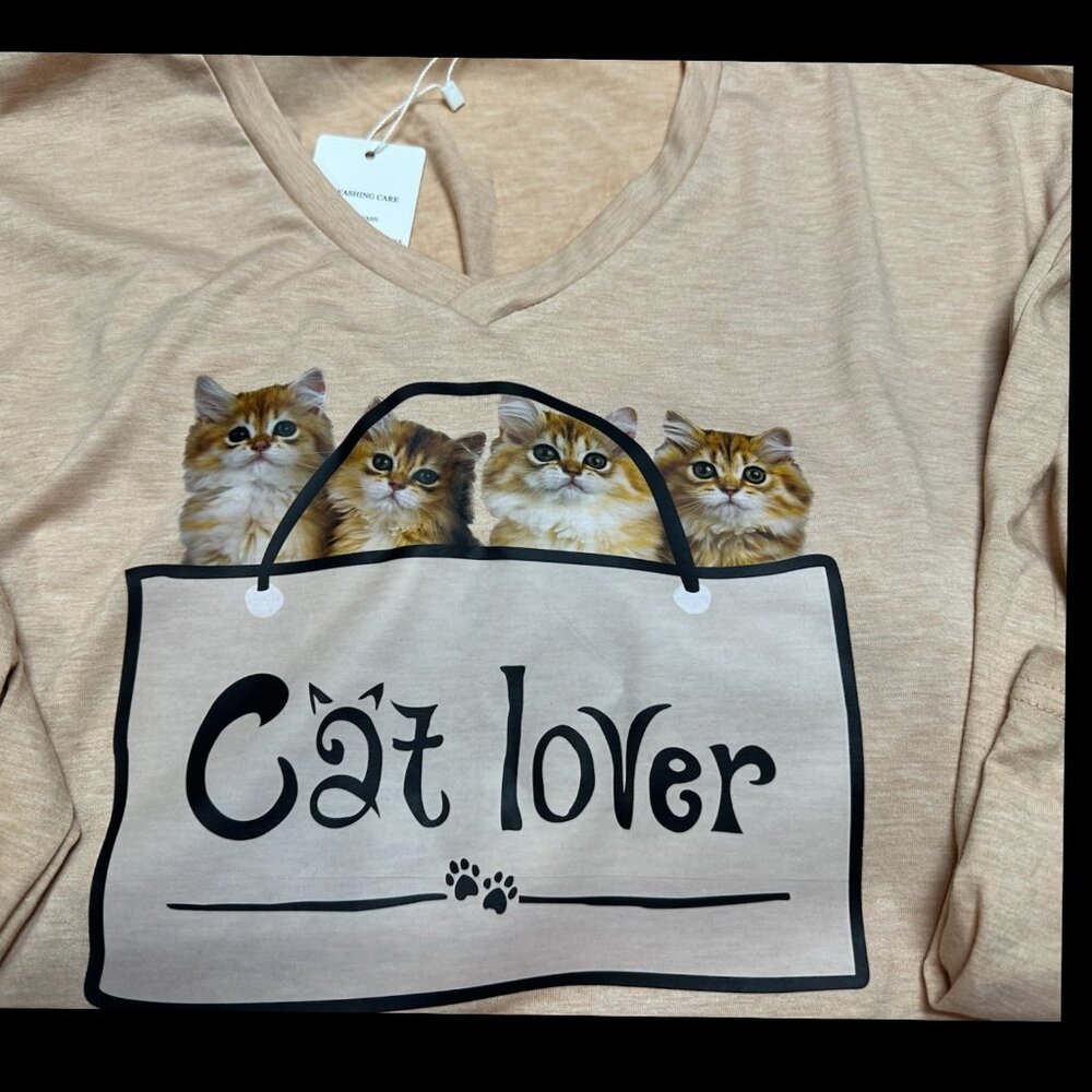 Beige Cat Lover Graphic Long Sleeve Top Large